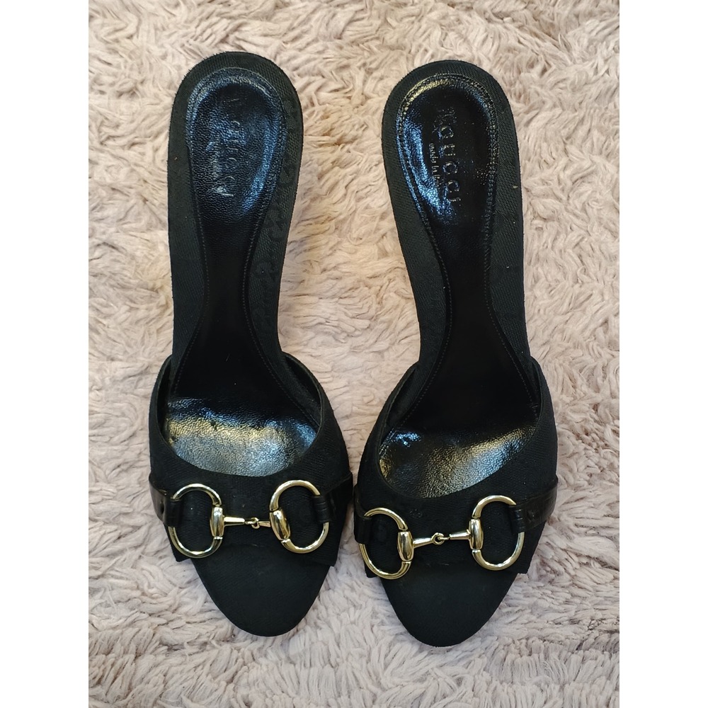 Gucci Horsebit GG Monogram Canvas Mules Black Stiletto Sandals 138703 Size 38.5 - Picture 10 of 11
